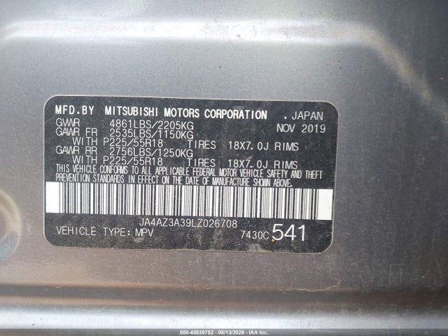 2020 Mitsubishi Outlander Es 2.4 S-awc მანქანა იყიდება აუქციონზე, vin: JA4AZ3A39LZ026708, აუქციონის ნომერი: 45839752
