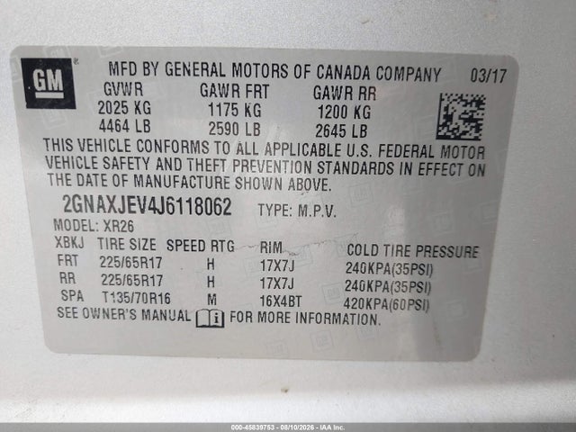 2GNAXJEV4J6118062 Chevrolet EQUINOX LT