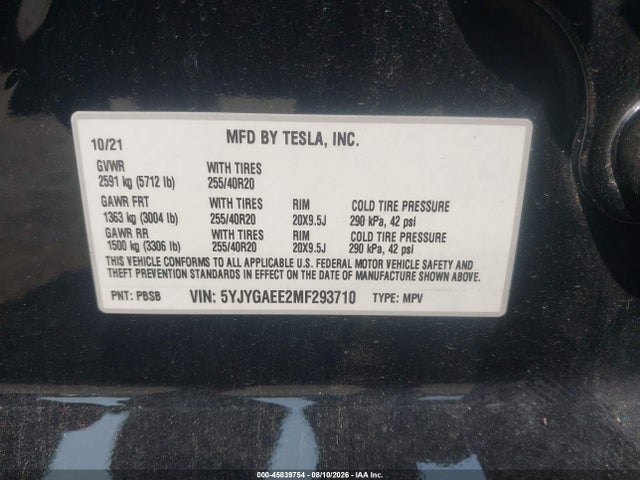 Продажа на аукционе авто 2021 Tesla Model Y Long Range Dual Motor All-wheel Drive, vin: 5YJYGAEE2MF293710, номер лота: 45839754