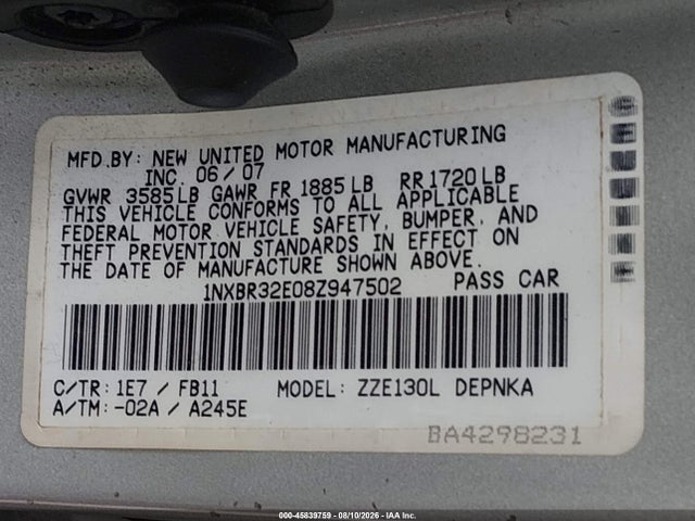 45839759 :رقم المزاد ، 1NXBR32E08Z947502 vin ، 2008 Toyota Corolla Le مزاد بيع