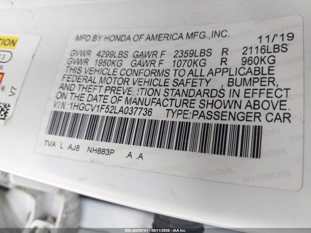 Продажа на аукционе авто 2020 Honda Accord Ex-l, vin: 1HGCV1F52LA037736, номер лота: 45839761