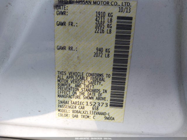 45839782 :رقم المزاد ، 1N4AL3AP1EC152373 vin ، 2014 Nissan Altima 2.5 Sl مزاد بيع