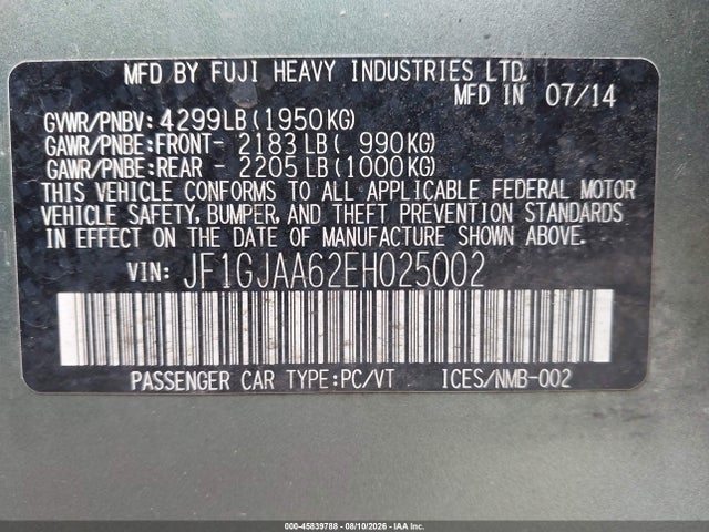 2014 Subaru Impreza 2.0i მანქანა იყიდება აუქციონზე, vin: JF1GJAA62EH025002, აუქციონის ნომერი: 45839788