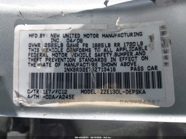 45839791 :رقم المزاد ، 1NXBR32E76Z713418 vin ، 2006 Toyota Corolla S مزاد بيع