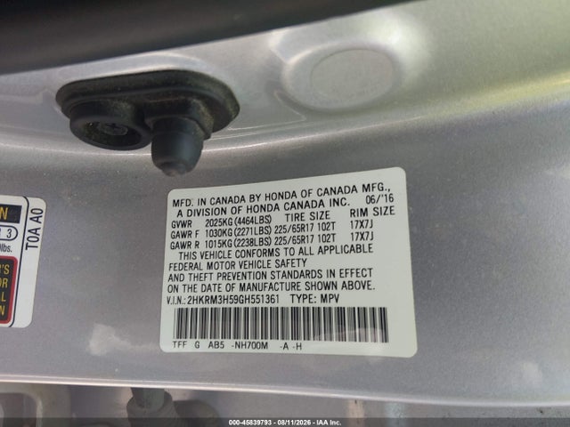 45839793 :رقم المزاد ، 2HKRM3H59GH551361 vin ، 2016 Honda Cr-v Ex مزاد بيع