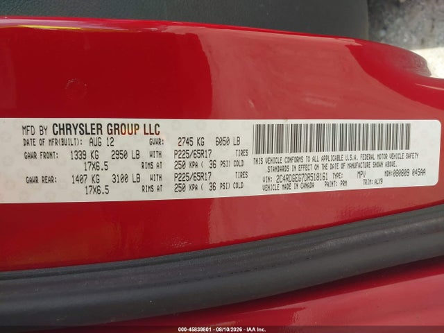 45839801 :رقم المزاد ، 2C4RDGEG7DR518161 vin ، 2013 Dodge Grand Caravan R/t مزاد بيع