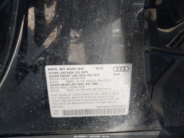 Продажа на аукционе авто 2020 Audi Q5 Premium Plus 45 Tfsi Quattro S Tronic, vin: WA1BNAFY3L2070012, номер лота: 45839811