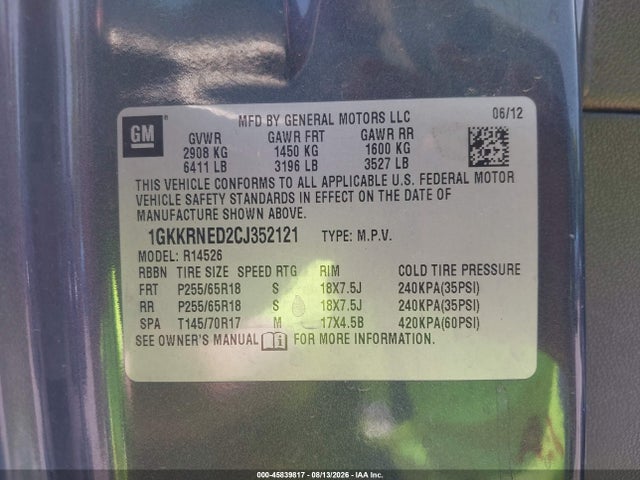 Aukcja sprzedaży 2012 Gmc Acadia Sl, vin: 1GKKRNED2CJ352121, numer aukcji: 45839817