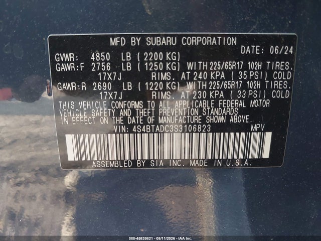 2025 Subaru Outback Premium მანქანა იყიდება აუქციონზე, vin: 4S4BTADC3S3106823, აუქციონის ნომერი: 45839821