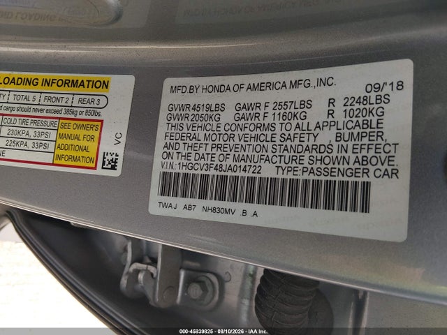 45839825 :رقم المزاد ، 1HGCV3F48JA014722 vin ، 2018 Honda Accord Hybrid Ex مزاد بيع