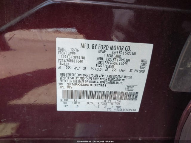 2FMPK4J89HBB37951 Ford EDGE SEL