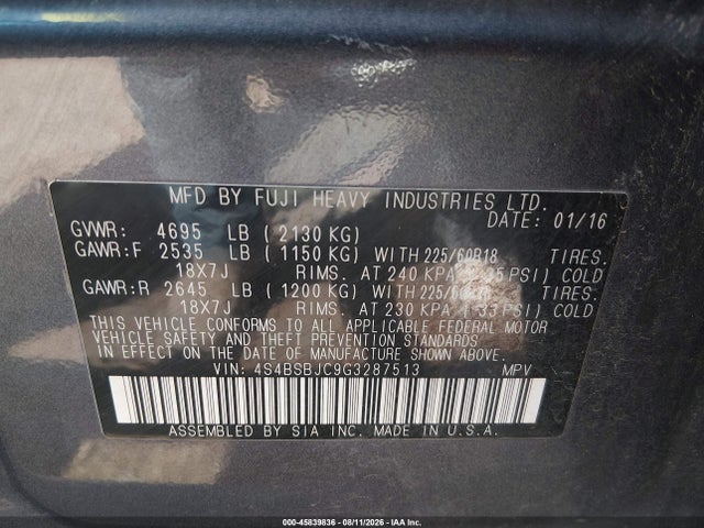 4S4BSBJC9G3287513 Subaru Outback 2.5i Limited