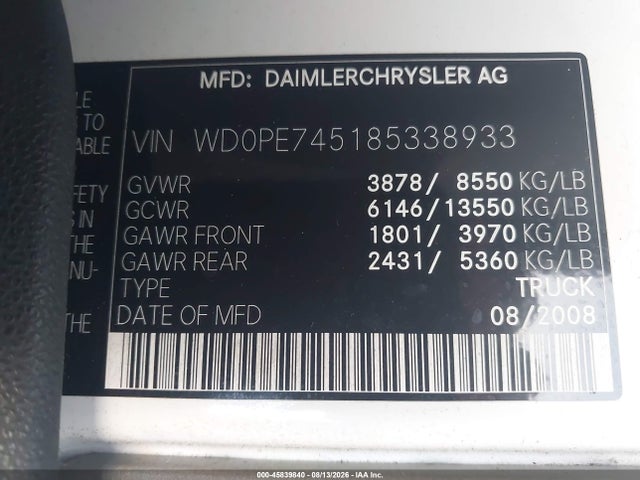 2008 Dodge Sprinter Van 2500 მანქანა იყიდება აუქციონზე, vin: WD0PE745185338933, აუქციონის ნომერი: 45839840