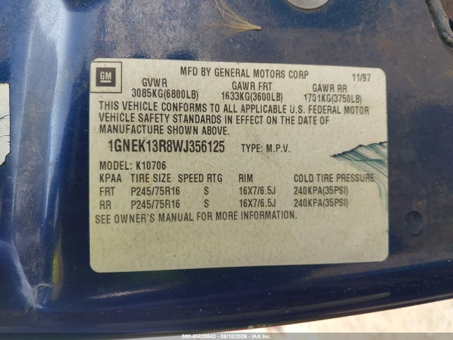 Продаж на аукціоні авто 1998 Chevrolet Tahoe Ls, vin: 1GNEK13R8WJ356125, номер лоту: 45839843