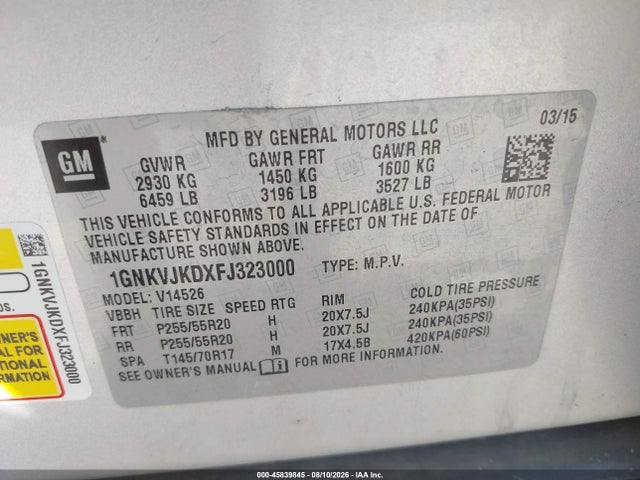 Chevrolet Traverse Ltz 2015 1GNKVJKDXFJ323000 Image 9