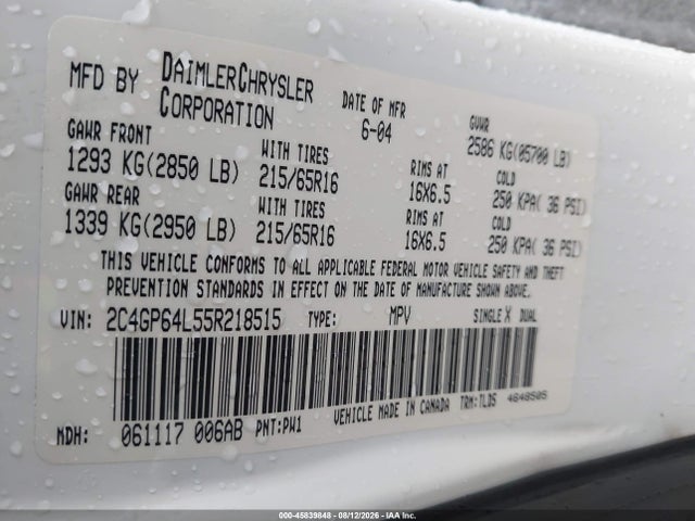 Aukcja sprzedaży 2005 Chrysler Town & Country Limited, vin: 2C4GP64L55R218515, numer aukcji: 45839848