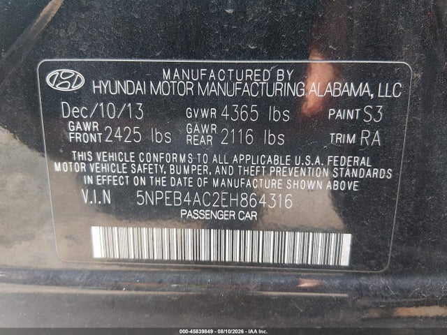 Auction sale of the 2014 Hyundai Sonata Gls, vin: 5NPEB4AC2EH864316, lot number: 45839849