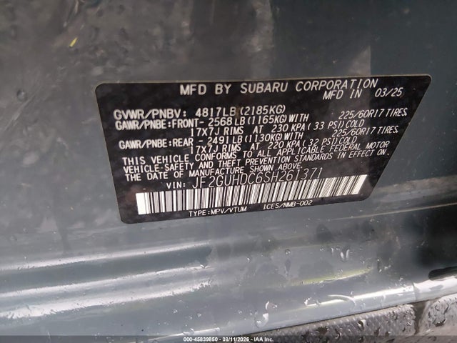 Aukcja sprzedaży 2025 Subaru Crosstrek Premium, vin: JF2GUHDC6SH261371, numer aukcji: 45839850