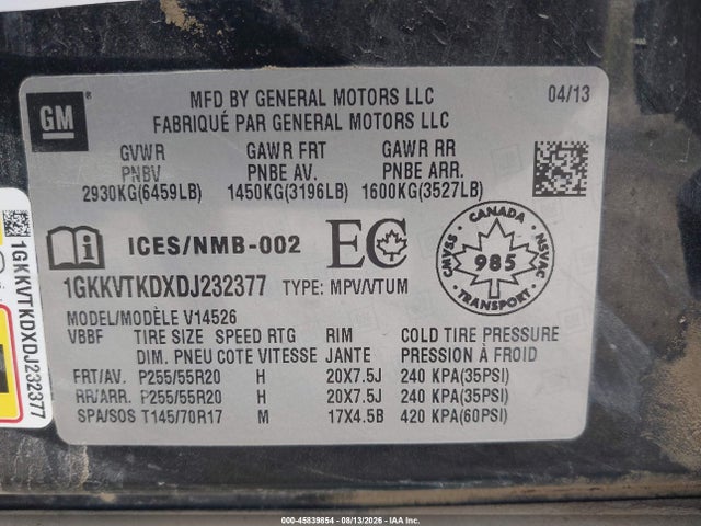 Продаж на аукціоні авто 2013 Gmc Acadia Denali, vin: 1GKKVTKDXDJ232377, номер лоту: 45839854