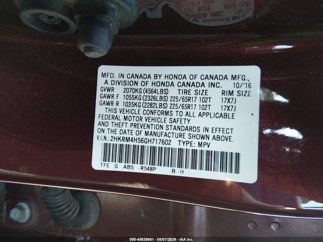 45839861 :رقم المزاد ، 2HKRM4H56GH717602 vin ، 2016 Honda Cr-v Ex مزاد بيع