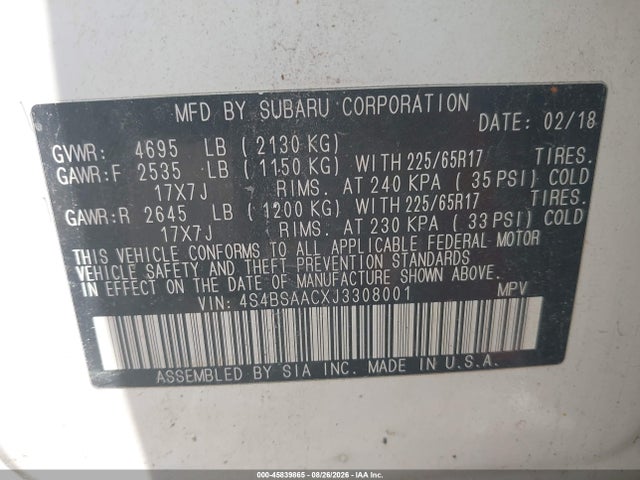 45839865 :رقم المزاد ، 4S4BSAACXJ3308001 vin ، 2018 Subaru Outback 2.5i مزاد بيع