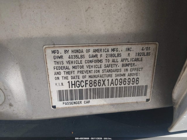 Продаж на аукціоні авто 2001 Honda Accord Value Package, vin: 1HGCF866X1A096996, номер лоту: 45839869