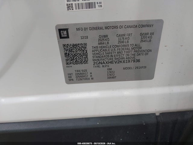 45839875 :رقم المزاد ، 2GNAXHEV2K6197936 vin ، 2019 Chevrolet Equinox Ls مزاد بيع