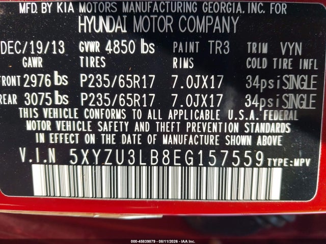 45839879 :رقم المزاد ، 5XYZU3LB8EG157559 vin ، 2014 Hyundai Santa Fe Sport 2.4l مزاد بيع
