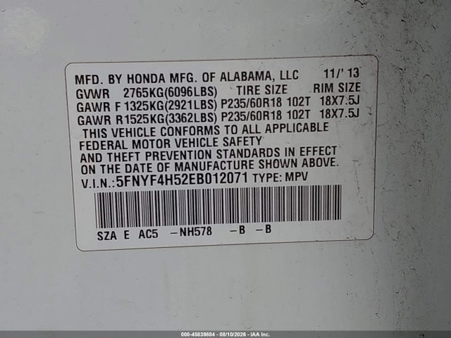 Honda Pilot Ex-l 2014 5FNYF4H52EB012071 Image 9