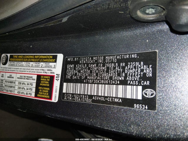 45839897 :رقم المزاد ، 4T1BF3EK3BU613434 vin ، 2011 Toyota Camry Le مزاد بيع