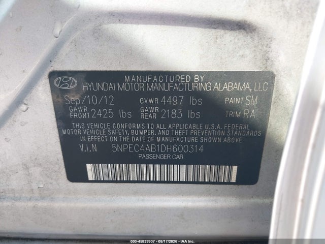 Aukcja sprzedaży 2013 Hyundai Sonata Limited 2.0t, vin: 5NPEC4AB1DH600314, numer aukcji: 45839907