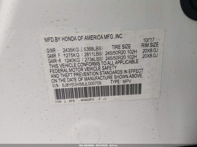 Auction sale of the 2018 Acura Mdx Technology Package   Acurawatch Plus Pkg, vin: 5J8YD3H58JL000709, lot number: 45839909