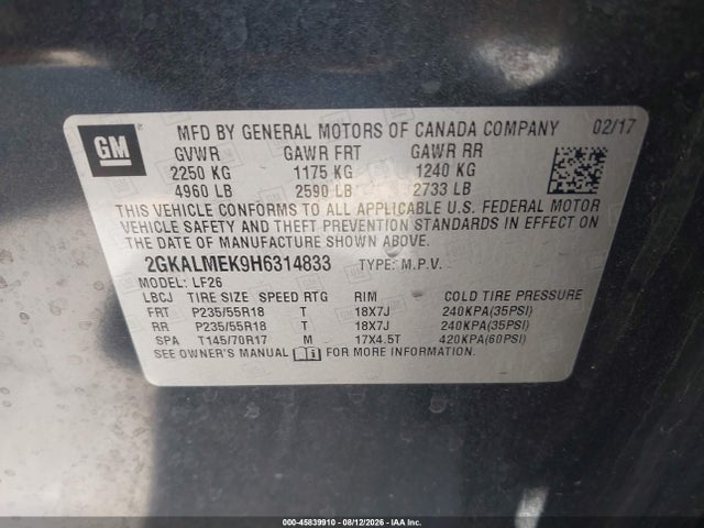 Продажа на аукционе авто 2017 Gmc Terrain Sle-1, vin: 2GKALMEK9H6314833, номер лота: 45839910