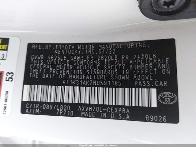 Продаж на аукціоні авто 2022 Toyota Camry Xse Hybrid, vin: 4T1K31AK7NU591185, номер лоту: 45839911