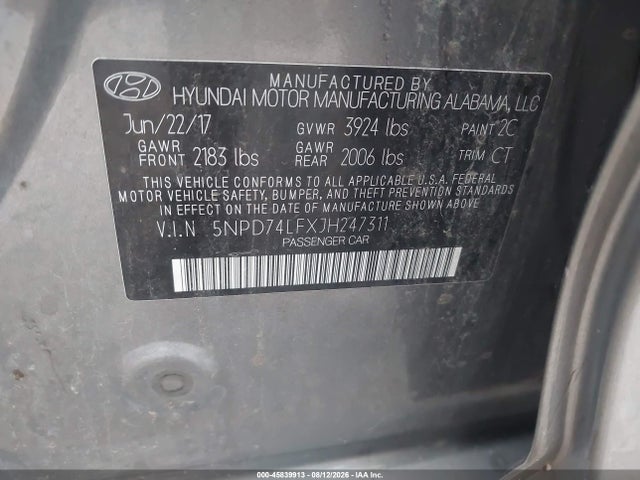 Aukcja sprzedaży 2018 Hyundai Elantra Se, vin: 5NPD74LFXJH247311, numer aukcji: 45839913