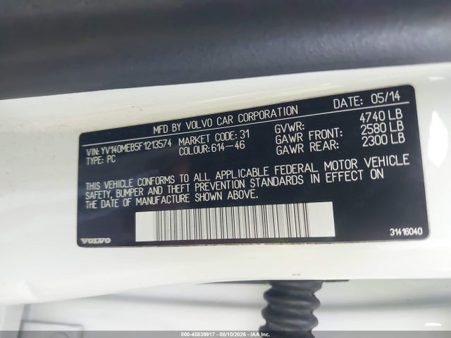 45839917 :رقم المزاد ، YV140MEB5F1213574 vin ، 2015 Volvo V60 T5 Premier مزاد بيع