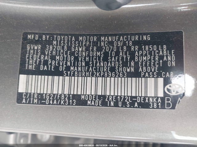 Toyota COROLLA LE 2019 5YFBURHE2KP896263 Image 9
