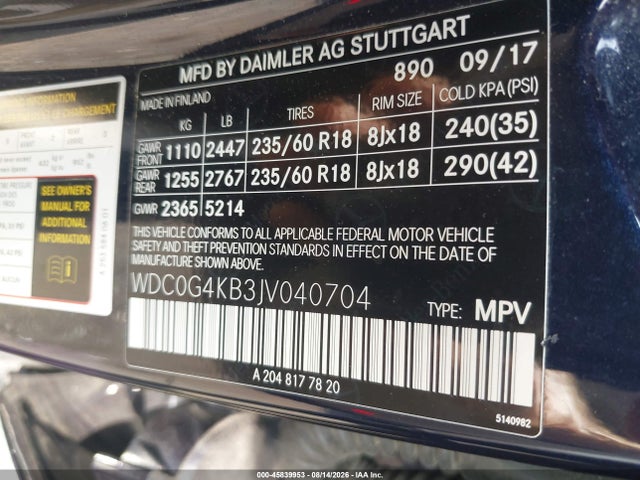 45839953 :رقم المزاد ، WDC0G4KB3JV040704 vin ، 2018 Mercedes-benz Glc 300 4matic مزاد بيع