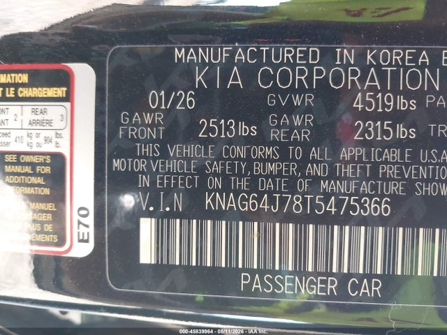 2026 Kia K5 Gt-line Awd მანქანა იყიდება აუქციონზე, vin: KNAG64J78T5475366, აუქციონის ნომერი: 45839964