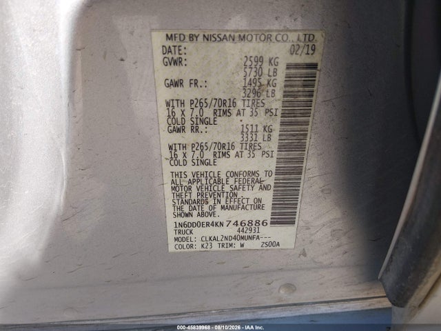 2019 Nissan Frontier Sv მანქანა იყიდება აუქციონზე, vin: 1N6DD0ER4KN746886, აუქციონის ნომერი: 45839968
