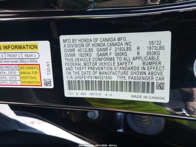 Honda Civic Touring 2022 2HGFE1F91NH321640 Image 9