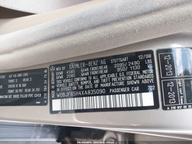 45839976 :رقم المزاد ، WDBJF65H4XA835090 vin ، 1999 Mercedes-benz E 320 مزاد بيع