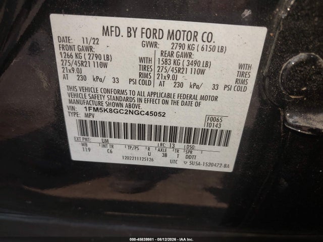 45839981 :رقم المزاد ، 1FM5K8GC2NGC45052 vin ، 2022 Ford Explorer St مزاد بيع