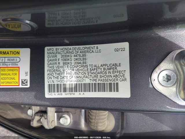 Aukcja sprzedaży 2022 Honda Accord Touring, vin: 1HGCV2F94NA006371, numer aukcji: 45839993