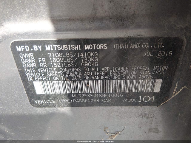 Aukcja sprzedaży 2019 Mitsubishi Mirage G4 Es, vin: ML32F3FJ1KHF18816, numer aukcji: 45839996
