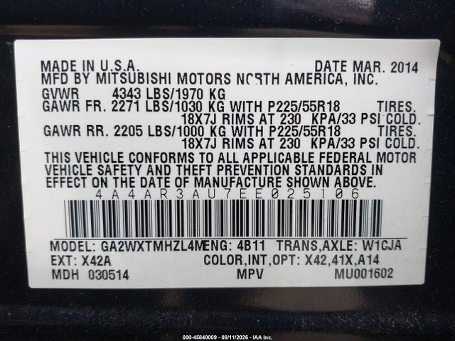 Продажа на аукционе авто 2014 Mitsubishi Outlander Sport Es, vin: 4A4AR3AU7EE025106, номер лота: 45840009