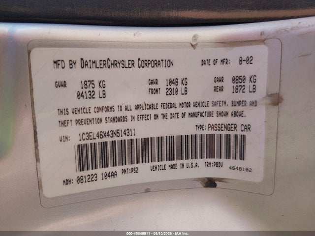 Aukcja sprzedaży 2003 Chrysler Sebring Lx, vin: 1C3EL46X43N514311, numer aukcji: 45840011