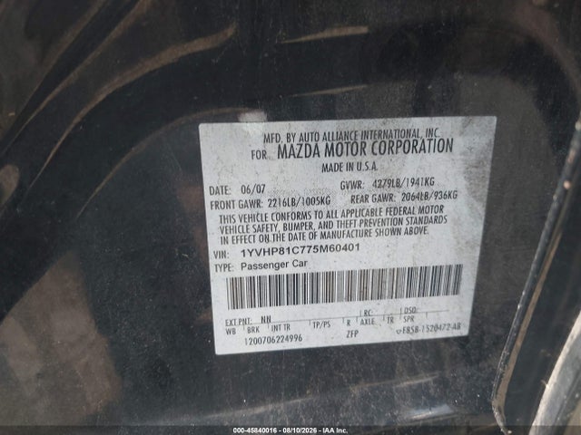 45840016 :رقم المزاد ، 1YVHP81C775M60401 vin ، 2007 Mazda Mazda6 I Grand Touring مزاد بيع