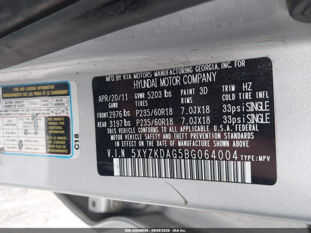 Продажа на аукционе авто 2011 Hyundai Santa Fe Limited V6, vin: 5XYZKDAG5BG064004, номер лота: 45840030