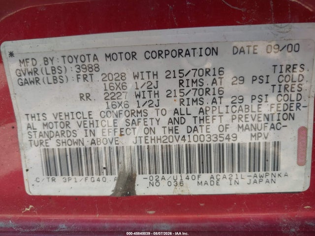 Продажа на аукционе авто 2001 Toyota Rav4, vin: JTEHH20V410033549, номер лота: 45840039